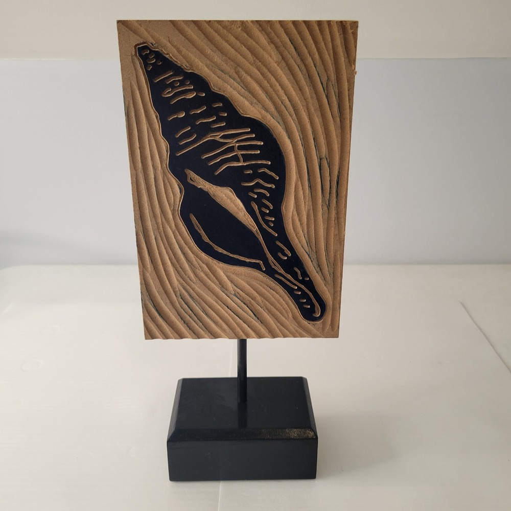 Ivory Coast Shell Sculpture Home Decor Tan Black Carved Wood Block Pedestal
